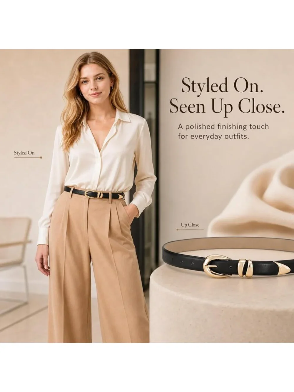 Women's Black Leather Adjustable Waist Belt For Jeans Dresses With Gold Buckle